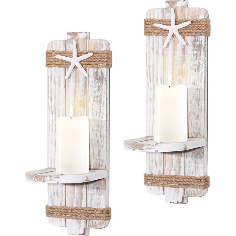 Set Of 2 Distressed Starfish Wall Candle Sconces 