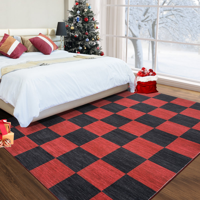 Tapis de Noël à carreaux en velours nacré lavable, antidérapant, à poils courts., Rouge et noir, 8 x 10 pi