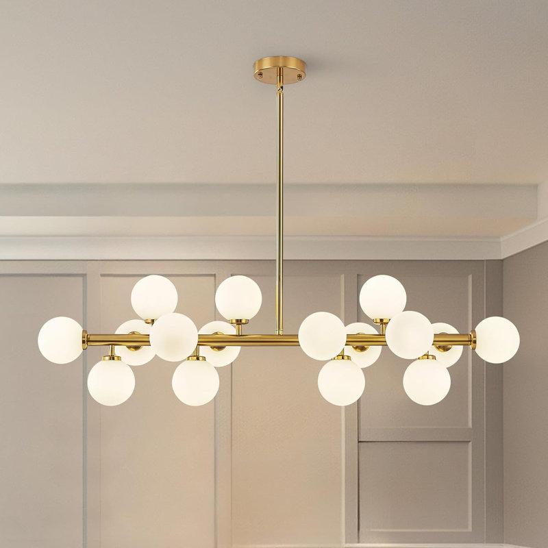 16-Light Mid Century Modern Chandelier: 40" Gold Linear Sputnik Chandeliers – Milky White Glass Globe Dining Room Light Fixture – Long Modern Pendant Chandelier for Living Room Kitchen Island Table