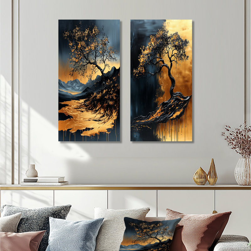 «Gold Simplicity in Black African Tree I - Woodland», 2 impressions murales en métal, 40" H x 40" W