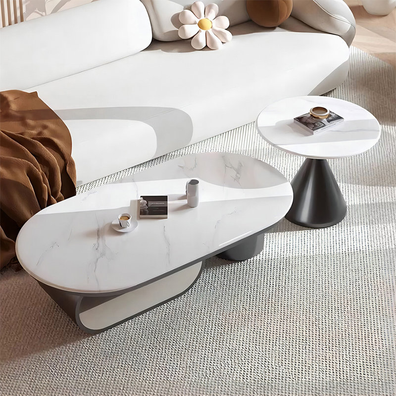 Table basse ovale en bois manufacturé blanc et acier inoxydable, H 16,54 po x L 47,24 po x l 23,62 po, Blanc