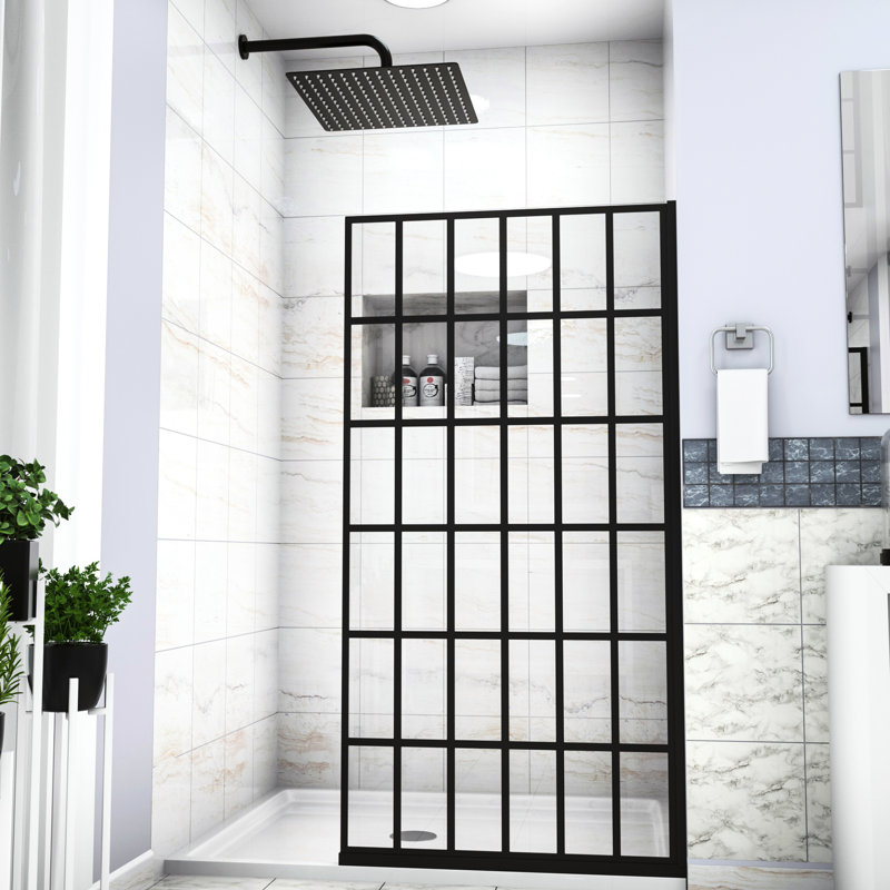 Porte de douche fixe noire matte l 38 po x H 72 po - installation simple recommandée, installation de salle de bain recommandée