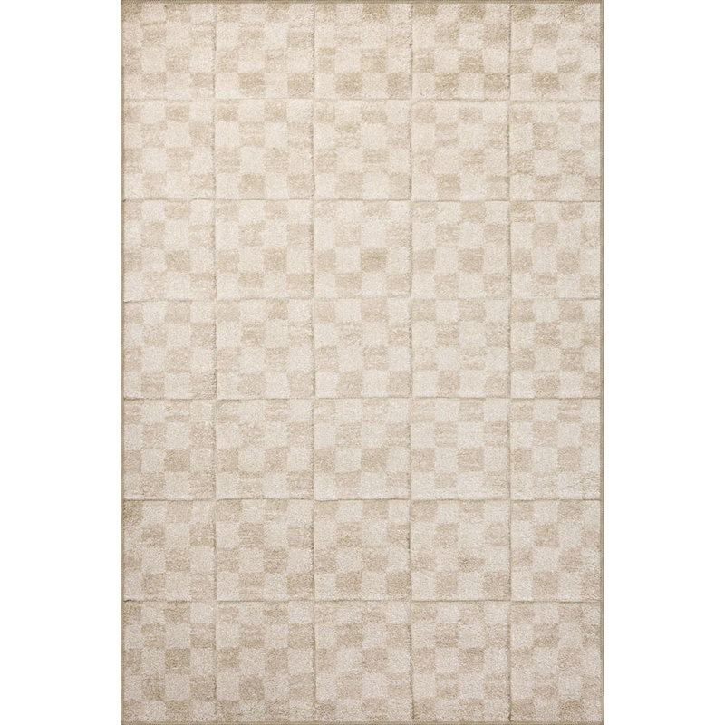 Cubic Checkered Cream Patterned Woven Base Machine Washable Rug, Rectangle 3'3" x 4'11" Rug Pad Included