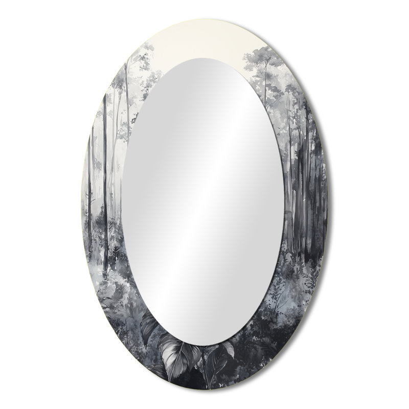 Hortensia en forêt monochrome - Miroir décoratif floral ovale sur métal, 36 po x 24 po