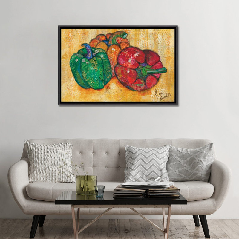 «Three Peppers», reproduction d'art sur toile encadrée, 48" x 32", Framed Canvas, Distressed Black