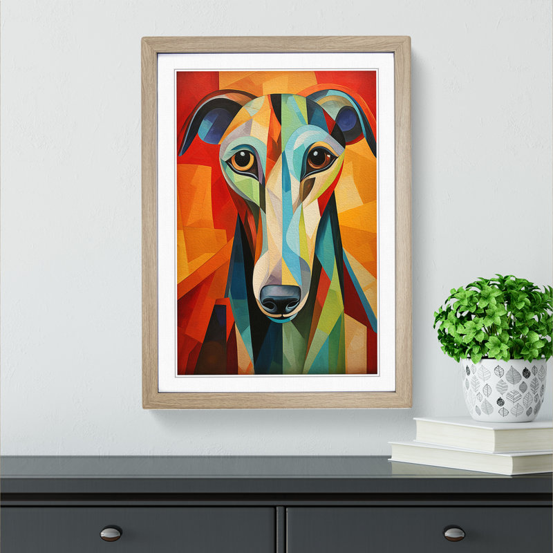 Greyhound Cubism Art - Framed Print, Oak Framed, 64cm H x 46cm W