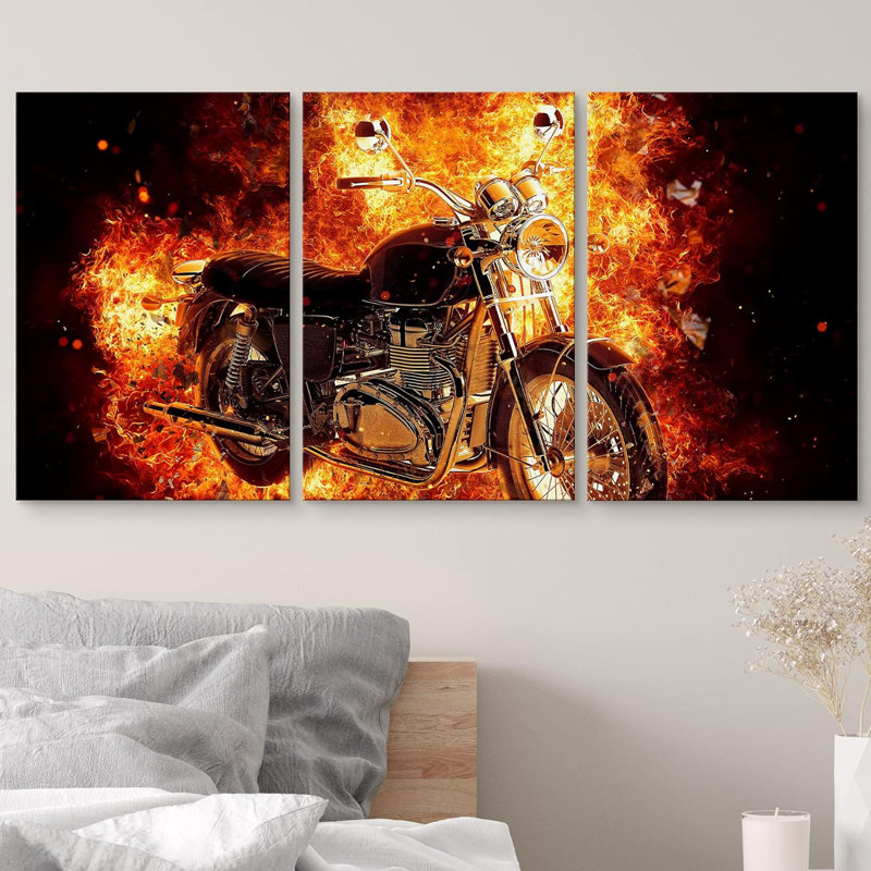 3 pièces à haut contraste, transport de motocyclettes, art moderne, paysage industriel, Edgy Ultra, 3 pièces