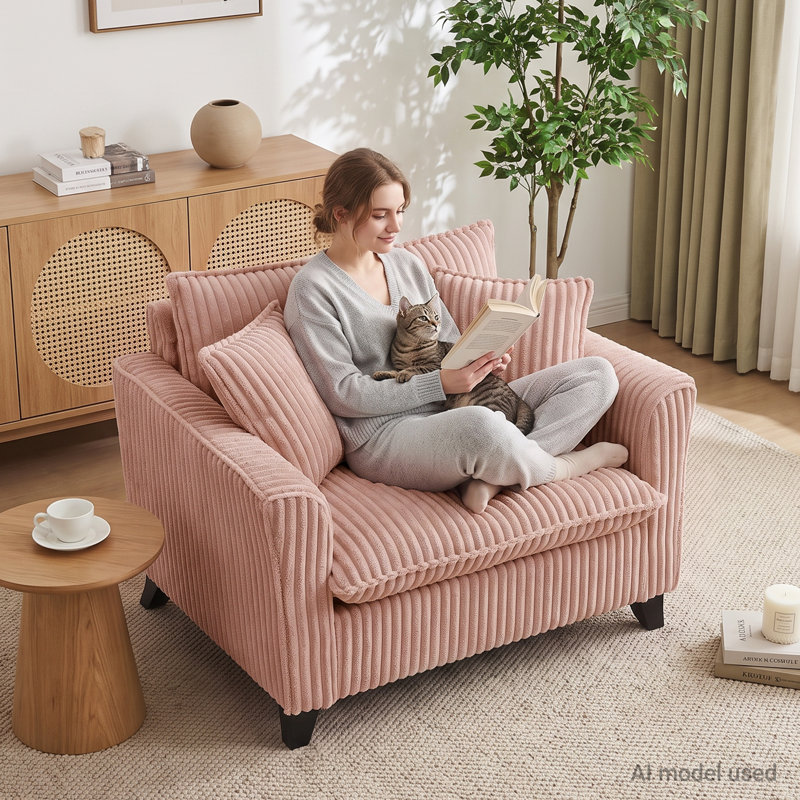 Fauteuil 46,5 po en velours côtelé avec accoudoirs surdimensionnés et siège profond, Velours côtelé rose