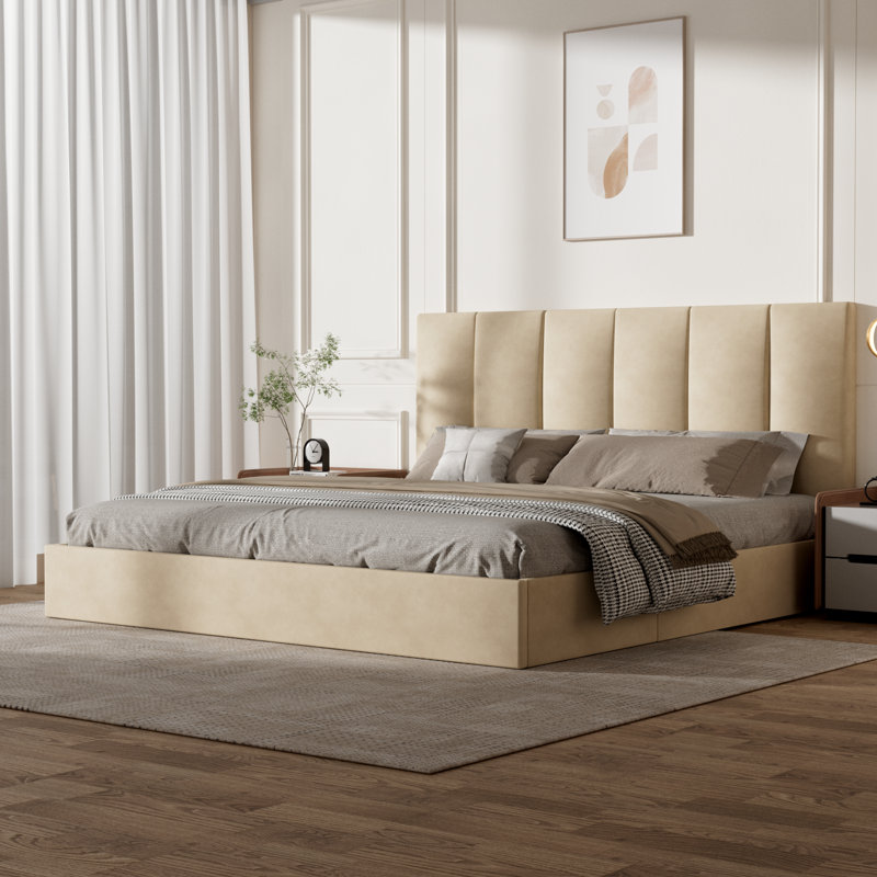 Upholstered Tufted Linen Platform Bed With Lift-Up Storage And Reinforced Slat Support, Warm Beige, KIng