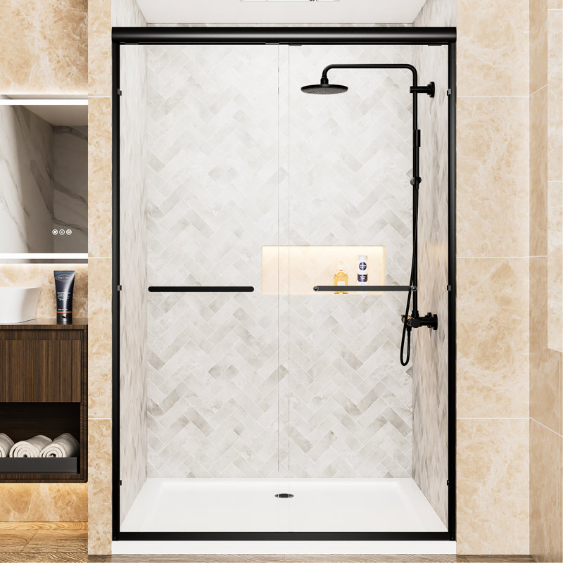 48" W X 72" Hdouble Sliding Shower Doormatte Black Aluminumclear Tempered Glassanti-Shatter Filmcorrosion-Resistantreversibleadjustable Widthbathroom Double Door Wide High, Matte Aluminum Frame, 1/4"
