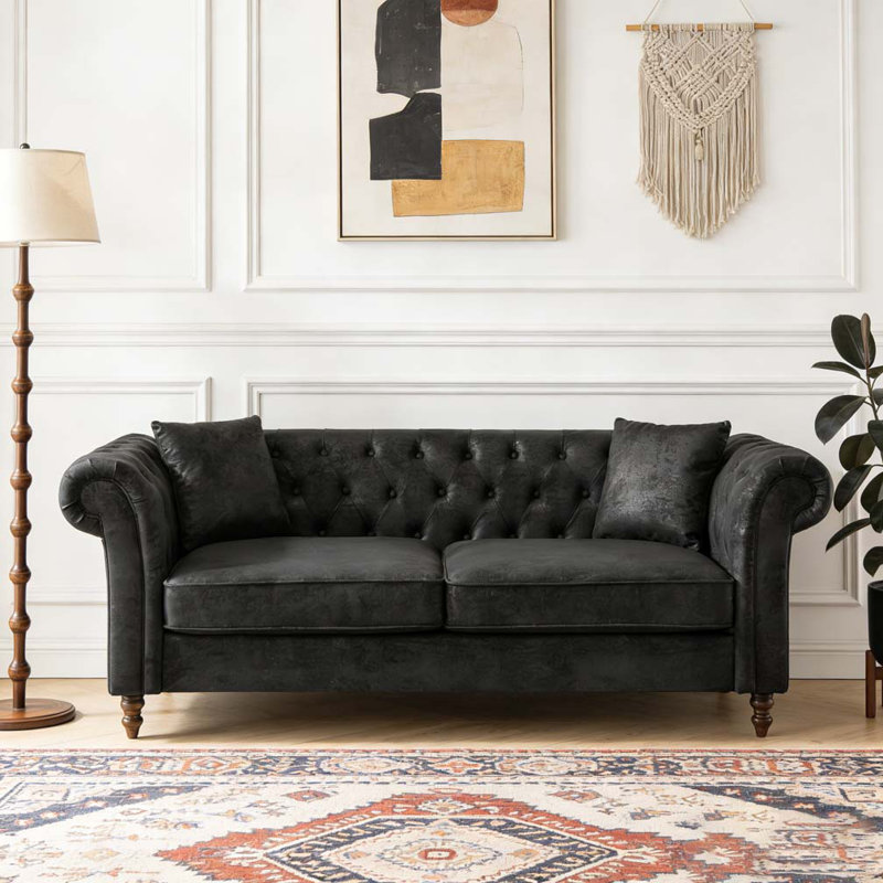 Canapé en tissu 66 po Chesterfield ‌tech, Noir, H 29 po x l 66 po x P 33 po, 2