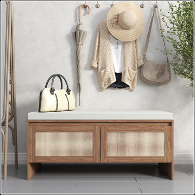 PP Rattan Storage Bench With Cushion, Faux Rattan Shoe Cabinet With 2 Doors, Mid-Century Modern Wood Entryway Seat, For Bedroom, Hallway, Mudroom