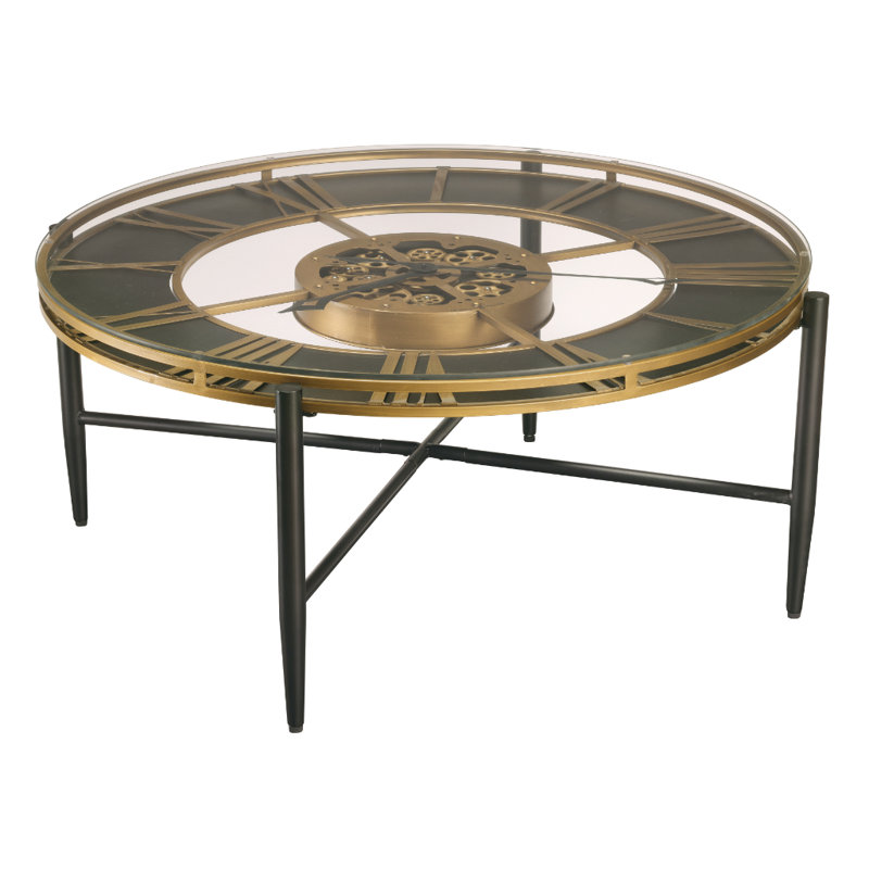 Mayer 40'' Clock Table With Tempered Glass Top And Moving Gears In Aged Gold And Black