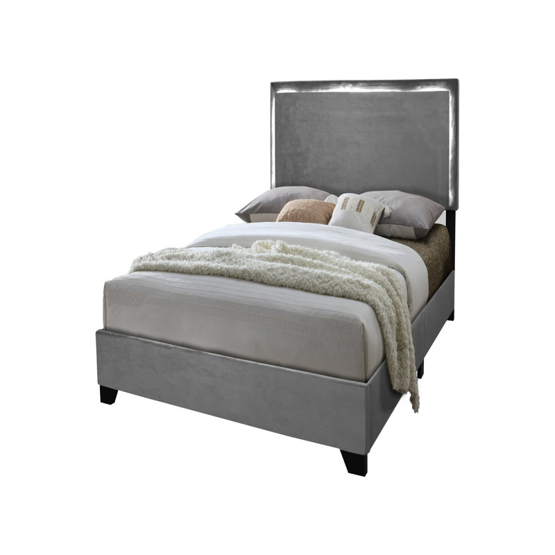 Structure de lit plateforme tapissier avec lumières DEL, QB, GR, gris, Complète