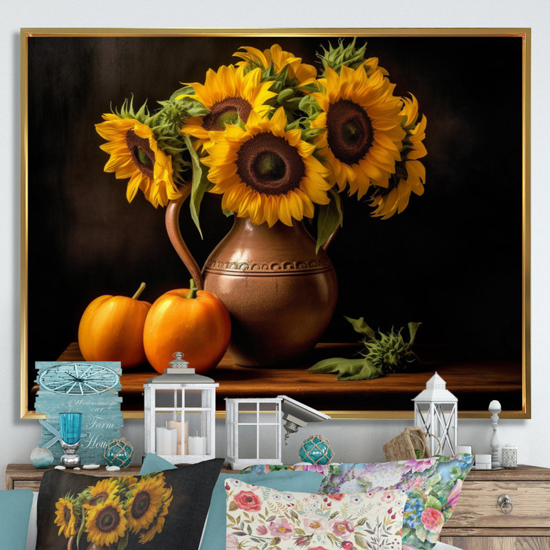 Tournesol doré nature morte II, H 12 po x l 20 po x P 1 po, Cadre flottant doré