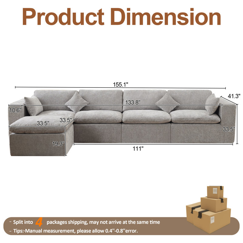 Compression Sectional Couch with Ottoman, 5, Light Gray Chenille