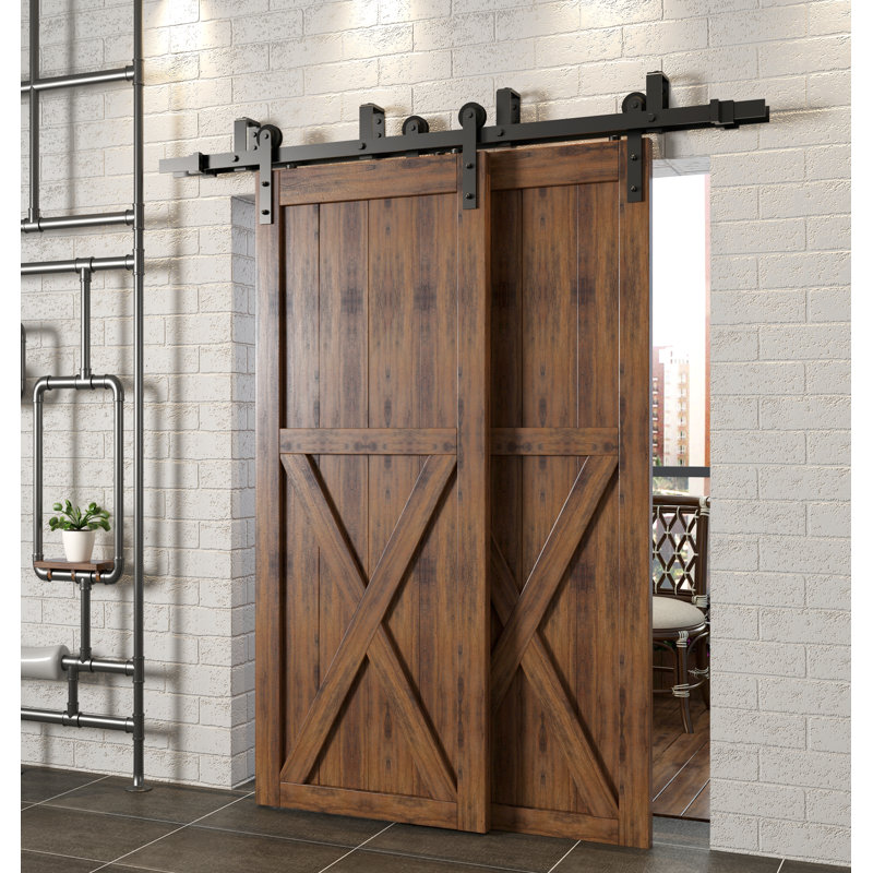 Black Rustic Straight Design Double Track Bypass Two Door Barn Door Hardware Kit, 108 in.