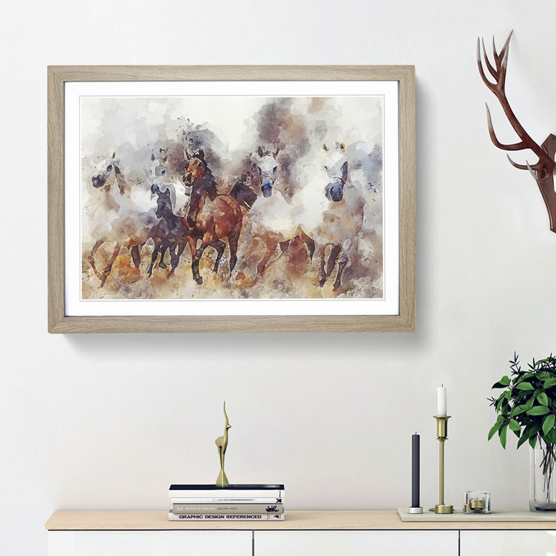 Galloping Horses in Abstract - Picture Frame Painting Print, 48cm H x 65cm W x 2cm D, Oak Framed