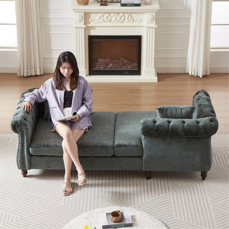 81-inch Chenille Chaise With Button Seat And Back, Nailhead Trim, Rolled Arms For Living Room, Lounge Office, 1 Face-face Grace, 2 Pillows,