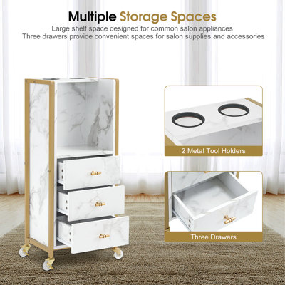 Salon Utility Cart with Hair Dryer Holders and 3 Drawers, Lockable Wheels