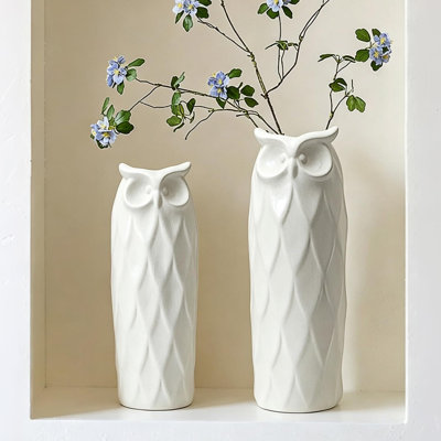 Owl Ceramic Vase Set, for living room and bedroom, 9.45 inches and 8.27 inches, modern white, home decor, office desk, desk rack, fireplace, vintage country style