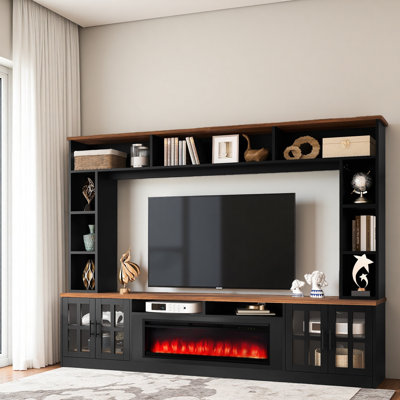 Meuble audio-vidéo l 95,5 po avec étagères pour téléviseurs jusqu'à 80 po, meuble télé moderne avec armoires électriques et tablettes réglables pour le salon
