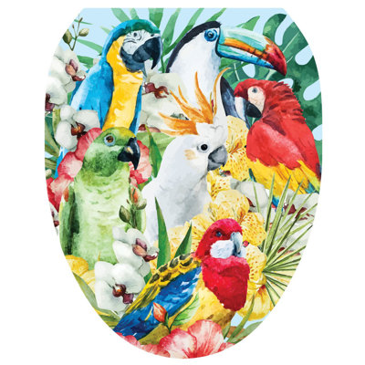 Tropical Parrots Toilet Seat Decal – Toilet Tattoos Reusable Static Cling Vinyl Lid Cover Fits Round & Elongated Seats