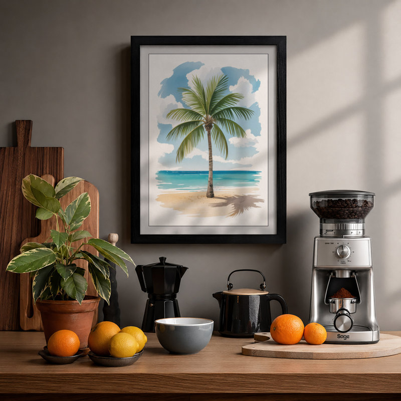 Solitary Palm Coastal - Framed Print, Black, A4 - 29.7 x 21.0 cm