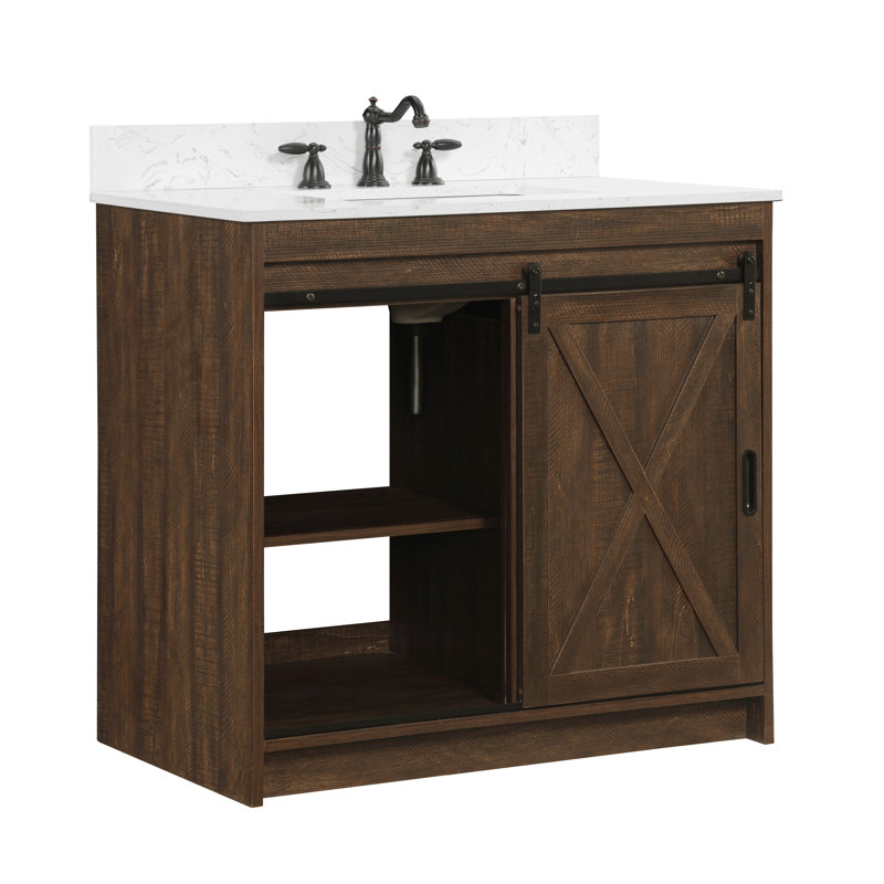 Ensemble de meuble-lavabo simple 36 po avec plateau en pierre reconstituée Jillian, Brun rustique / noir mat