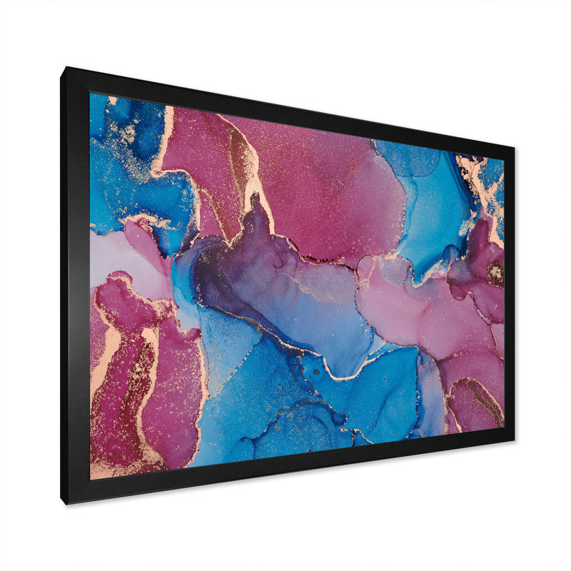 Bleu et mauve luxueux abstrait fluide - Peinture sur toile, H 16 po x l 32 po, Cadre d'angle fermé noir