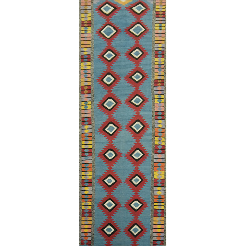 Tapis de couloir oriental bleu Kilim