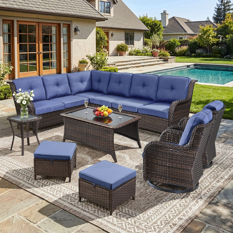 Ensemble de 7 chaises d'extérieur en osier avec canapé modulaire, Bleu