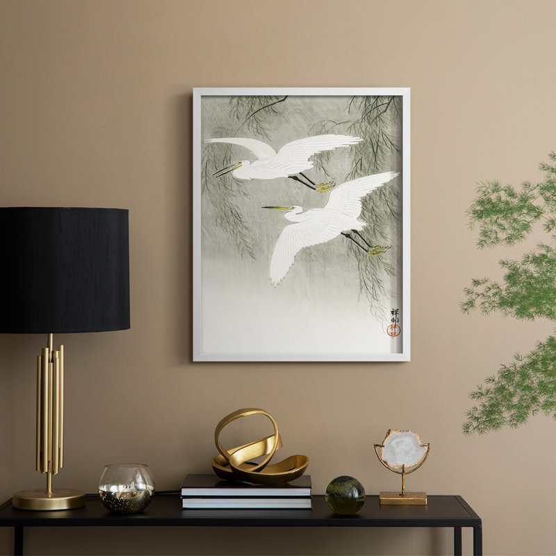 «Koson's Flying Herons I», reproduction encadrée - bois massif, H 30 po x l 24 po, Blanc