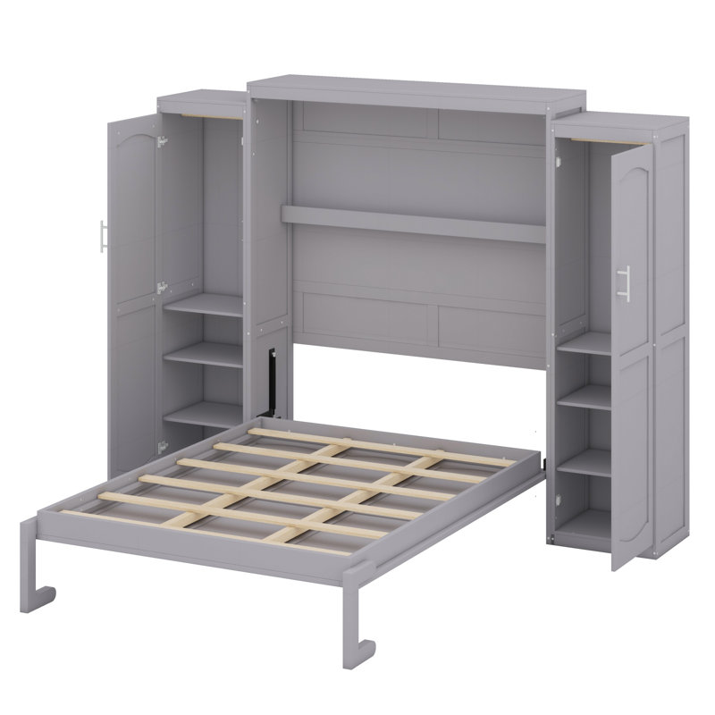 Lit plateforme pliable en bois avec garde-robe et tablette de rangement, Gris