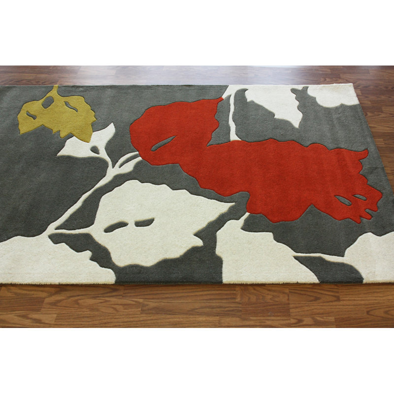 Tapis gris / rouge à feuilles Ruth, 8 pi 3 po x 11 pi