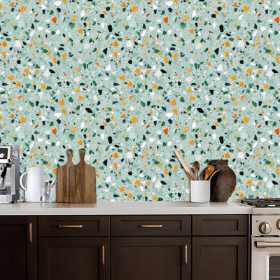 Peel and Stick Wallpaper Colorful Terrazzo Green Orange White Stone Chips Contact Paper Removable Self Adhesive Wall Mural Wall Decor for Bedroom Kitchen Cabinets 24in x 118in