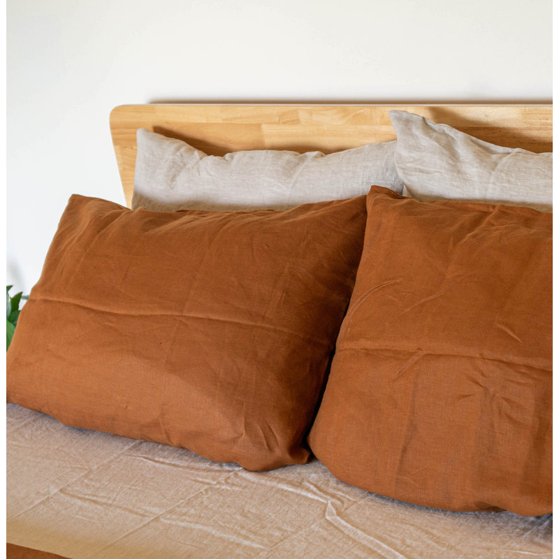 100% French Linen Fitted Sheet with Pillowcases 3 Pieces Set (Multiple Sizes & Colours), Dusty Orange