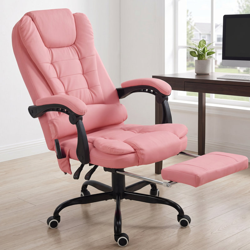 Fauteuil de bureau à haut dossier avec vibration à 7 points, repose-pieds, soutien lombaire, rose, Pink, Pink