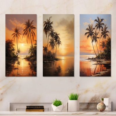 Palmier, escapade tropicale, coucher de soleil, plage de bronze - palmiers et palmiers, ensemble de 3 reproductions d'art sur toile