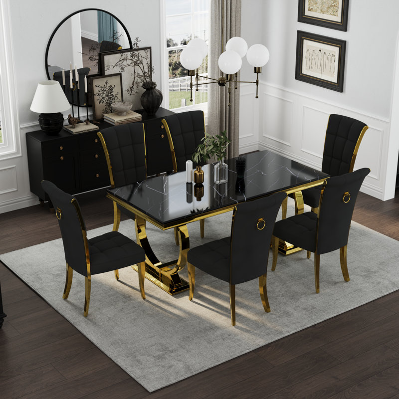 Ensemble de table de salle à manger avec 6 chaises en velours, Noir doré, 7, Noir / or