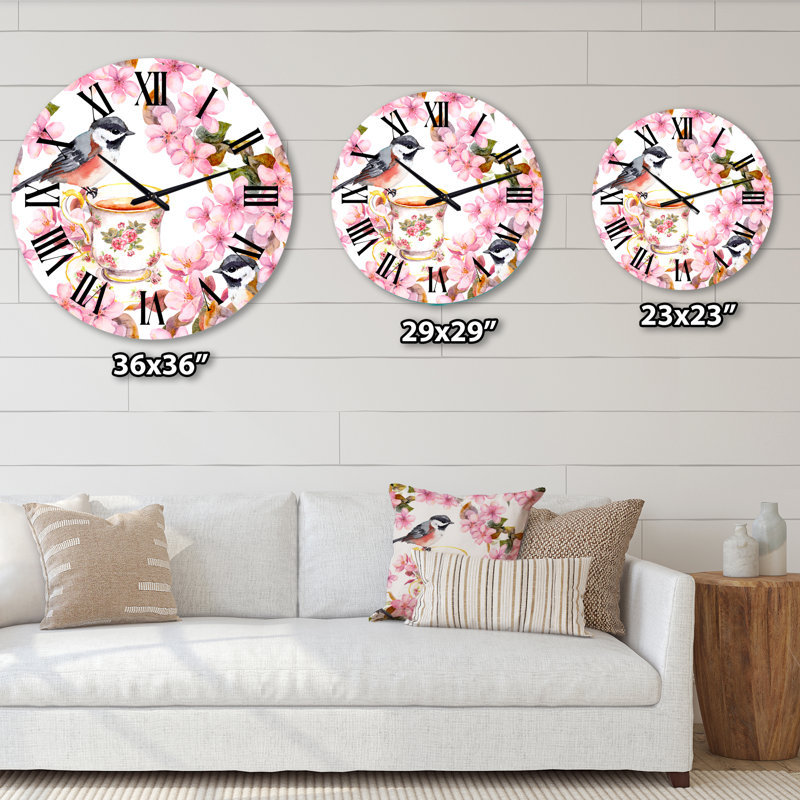 Tasse à thé oiseaux et fleurs - Horloge murale traditionnelle, Moyenne