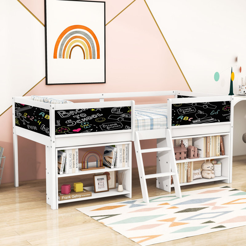 Multi-Functional Twin Wooden Low Loft Bed With Decorative Chalkboards And Shelves, White