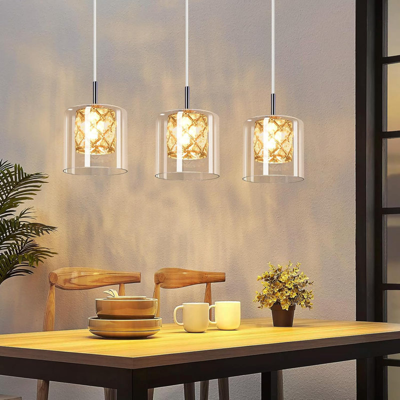 G9 Polished Chrome Crystal Pendant Light with Glass Shade for Kitchen Island, 3, 140cm H x 40cm W x 5cm D
