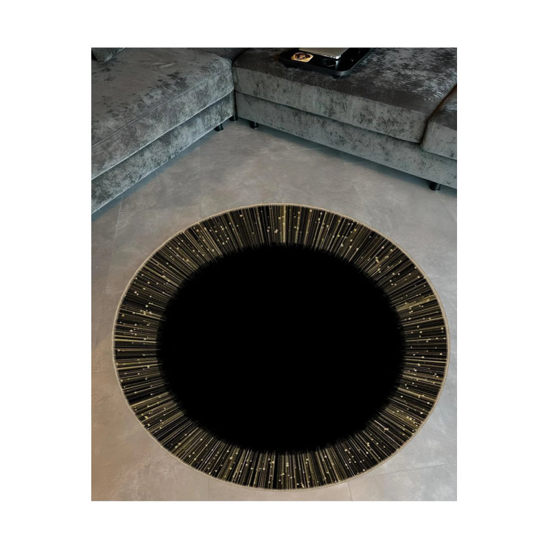 Black Line Detailed Round Woven Base Modern Decorative Carpet, Round 3'4"