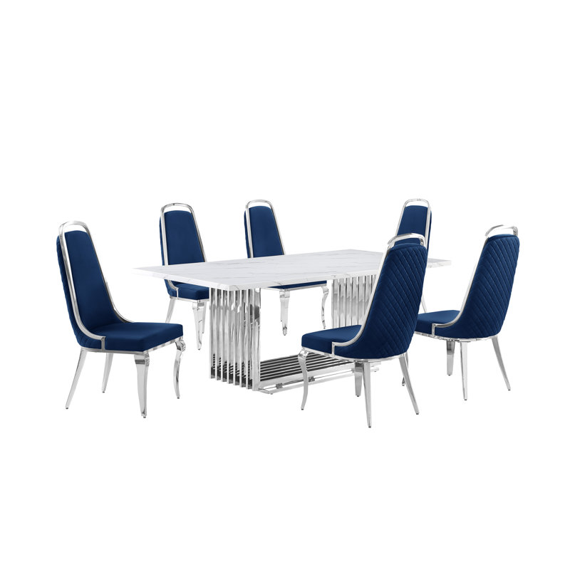 Ensemble de salle à manger rectangulaire L 79 po x l 40 po Kenne, Marine / Argent, 7, Argent