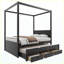 Lit plateforme double à baldaquin avec lit gigogne simple, 3 tiroirs de rangement, tête de lit, lit à baldaquin noir pour la chambre à coucher
