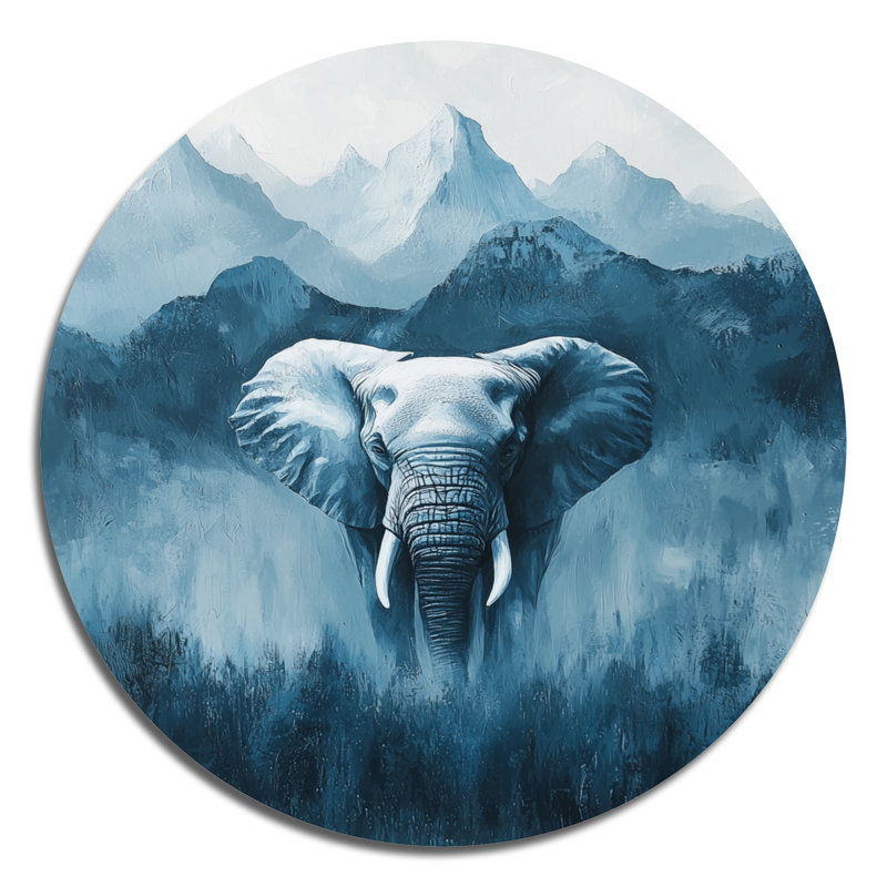 Éléphant d'Afrique moderne dans les montagnes I - Éléphant, art mural rond en métal, H 29 po x l 29 po