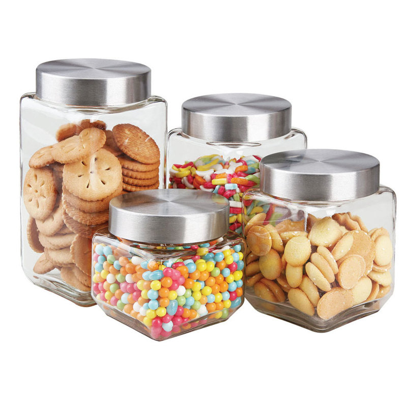 Clear Glass Square Canister Set with Stainless Steel Lids, 4-Piece
