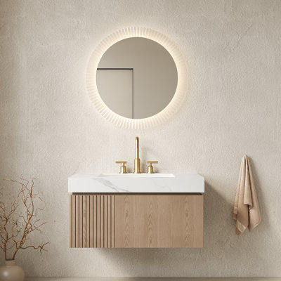 Meuble-lavabo de 36 po avec lavabo, armoire de rangement murale avec comptoir blanc Carrara, lavabo en céramique à 3 trous, tiroir et porte à fermeture en douceur, pré-assemblé, grain de bois Heidelberg