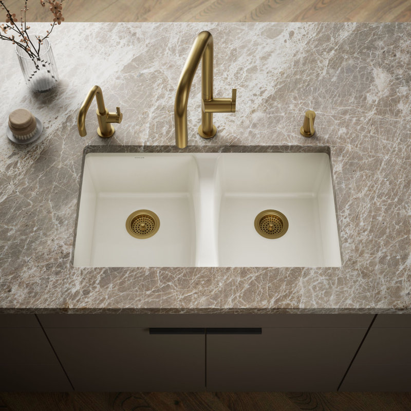Deerfield 33" L x 22" W Double Basin Drop-In Kitchen Sink with Accessories, 5 Hole, Biscuit